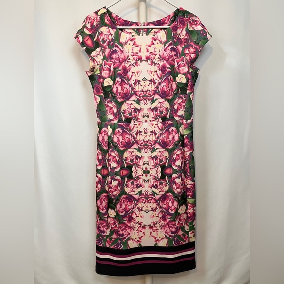 Pink and Beige Flower Shortsleeved Midi Dress Size 8 - Picture 2 of 8